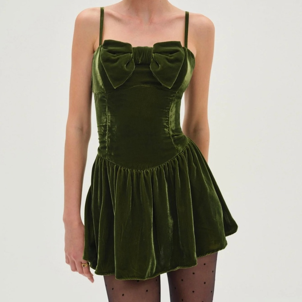For Love & Lemons Olive Green Velvet Mini Dress with Bow